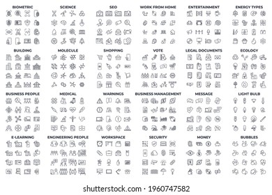 384 modern thin line icons. High quality pictograms. Linear icons set of Biometric, Bubbles, building, Bulb, etc symbol template for graphic and web design collection logo vector illustration