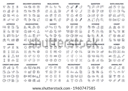 384 modern thin line icons. High quality pictograms. Linear icons set of Airport, animal pet, approve, hobby, etc symbol template for graphic and web design collection logo vector illustration