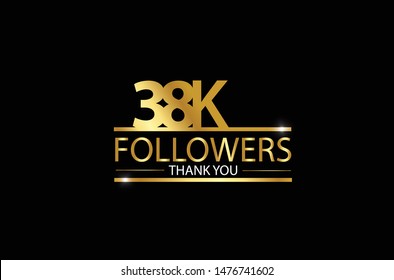 38k, 38.000 Followers celebration logotype. anniversary logo with golden and Spark light white color isolated on black background for social media - Vector