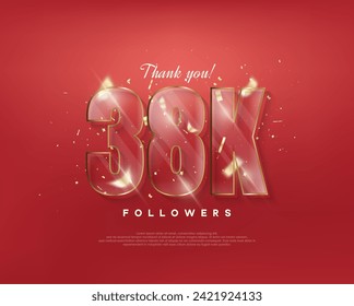 38k followers celebration. with glass figures on a red background.