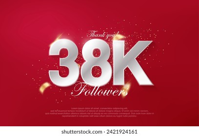 38k followers with luxurious silver numbers on a red background.
