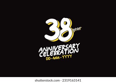 38th, 38 years, 38 year anniversary with white character with yellow shadow on black background-vector