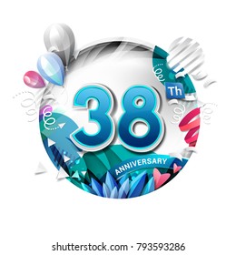 38th anniversary background with balloon and confetti on white. 3D paper style illustration. Poster or brochure template. Vector illustration.