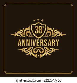 38th anniversary card. Beautiful greeting banner poster and golden logo with gold text word and gold number.