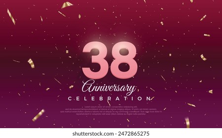 38th Anniversary celebration, 38 Anniversary celebration, Dark purple background, festive illustration,Realistic 3d sign, stars, Pink number with red ribbon 38 sparkling confetti, 38,39
