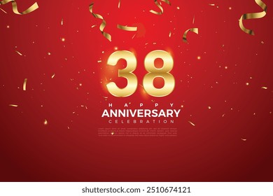 38th Anniversary celebration, 38 Anniversary celebration On Red background for celebration event, festive illustration, Golden number 38 sparkling confetti, 38,39
