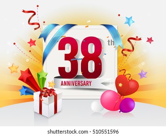 38th anniversary celebration with colorful confetti and balloon with shiny yellow background