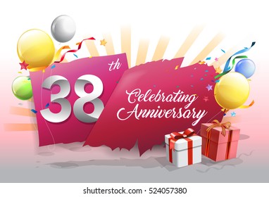 38th anniversary celebration with colorful confetti and balloon on red background with shiny elements. design template for your birthday party.