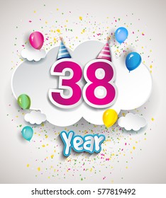 38th Anniversary Celebration Design, with clouds and balloons, confetti. Vector template elements for your, thirty eight years birthday celebration party.