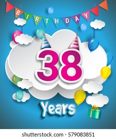 38th Anniversary Celebration Design, with clouds and balloons, confetti. Vector template elements for your, thirty eight years birthday celebration party.