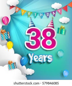 38th Anniversary Celebration Design, with clouds and balloons. using Paper Art Design Style, Vector template elements for your, thirty eight years birthday celebration party.