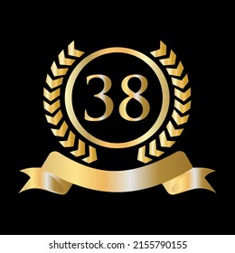38th Anniversary Celebration Gold and Black Template. Luxury Style Gold Heraldic Crest Logo Element Vintage Laurel Vector