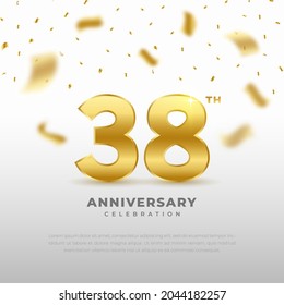 38th anniversary celebration with gold glitter color and white background. Vector design for celebrations, invitation cards and greeting cards.