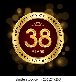 38th Anniversary Celebration. logo design with golden number and ring for birthday celebration event, invitation, greeting card, banner, poster, flyer, brochure, book cover. Logo Vector Template