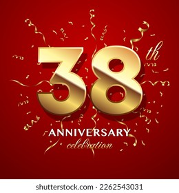 38th Anniversary Celebration. logo design with golden numbers and text for birthday celebration event, invitation, wedding, greeting card, banner, poster, flyer, brochure. Logo Vector Template