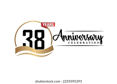 38th anniversary celebration logo vector design with gold black and red color on white background cute black color font   