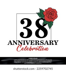 38th anniversary celebration logo  vector design with red rose  flower with black color font on white background abstract  