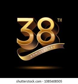 38th Anniversary celebration logotype colored with shiny gold, using ribbon and isolated on black background