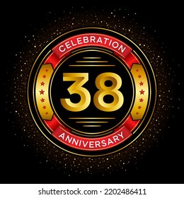 38th anniversary celebration with red ribbon isolated on black background, vector design