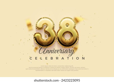 Celebración del 38º aniversario, diseño vectorial con brillante ilustración de globos dorados. Fondo vectorial premium para saludos y celebraciones.