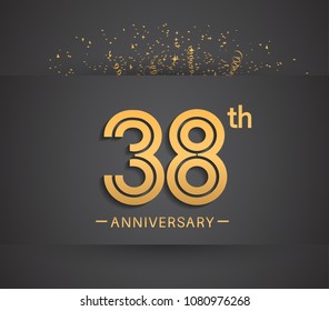 38th anniversary design for company celebration event with golden multiple line and confetti isolated on dark background 