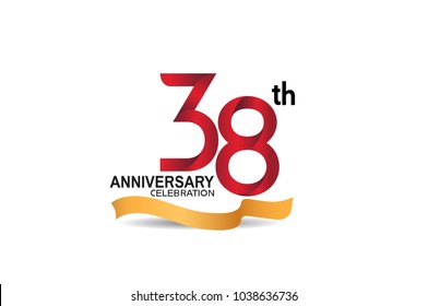 38th anniversary design logotype red color and golden ribbon for celebration isolated on white background