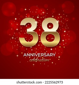 38th Anniversary. Golden number 38 with sparkling confetti and glitters for celebration events, weddings, invitations and greeting cards. Realistic 3d sign. Vector festive illustration