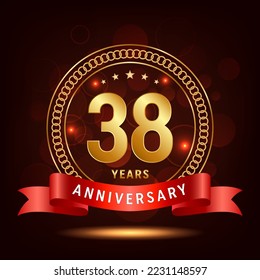 38th Anniversary Logo Design. Golden number 38 with sparkling confetti and ribbon, Vector Template Illustration