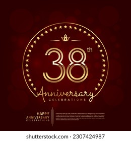 38th anniversary logo with double line number and golden text for birthday celebration event, invitation, banner poster, flyer, and greeting card, vector template