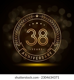 38th anniversary logo with golden laurel wreath and double line numbers, template design for anniversary celebration event, double line style vector design