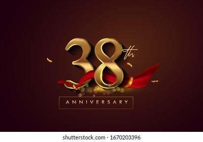 38th anniversary logo with red ribbon and golden confetti isolated on elegant background, sparkle, vector design for greeting card and invitation card.