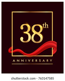 38th anniversary logo with red ribbon  and confetti golden colored isolated on elegant background, vector design for greeting card and invitation card