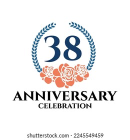 38th anniversary logo with rose and laurel wreath, vector template for birthday celebration.