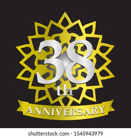 38th anniversary logo with silver and gold ribbon. Vector design template elements for your birthday celebration.