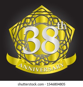 38th anniversary logo with silver and gold ribbon. Vector design template elements for your birthday celebration.