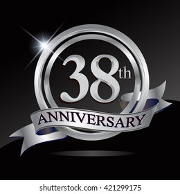 38th anniversary logo with silver ring and ribbon. Vector design template elements for your birthday celebration.