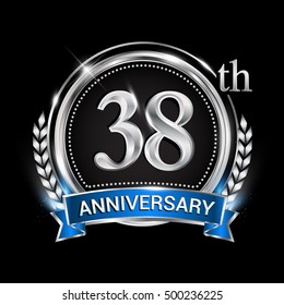 38th anniversary logo with silver ring combination blue ribbon.Vector template for birthday celebration, party, wedding, invitation and greeting card