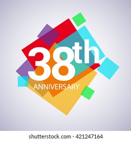 38th anniversary logo, vector design birthday celebration with colorful geometric isolated on white background.