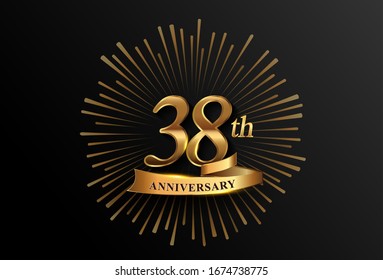 38th anniversary logotype with fireworks and golden ribbon, isolated on elegant background. vector anniversary for celebration, invitation card, and greeting card.