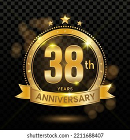 38th Anniversary Logotype with Gold Confetti Isolated on Black Background, Vector Design for Greeting Card and Invitation Card