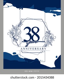 38th Anniversary logotype with hand drawn background blue color for celebration event, wedding, greeting card, and invitation.