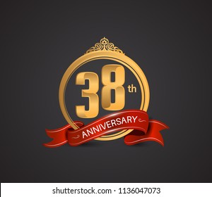 38th anniversary logotype style design luxury  golden color and ornament with warp red ribbon for company celebration event