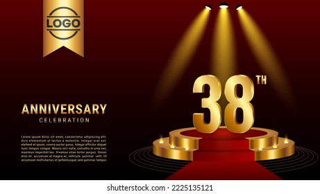 38th Anniversary. Template design with golden stage for celebration event, wedding, greeting card and invitation card. Vector illustration EPS10