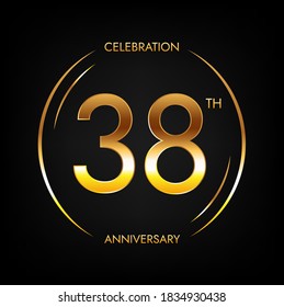 38th anniversary. Thirty-eight years birthday celebration banner in bright golden color. Circular logo with elegant number design.