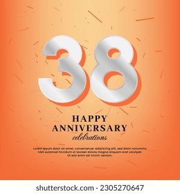 Plantilla vectorial de 38º aniversario con un número blanco y confetti esparcidos en un fondo naranja