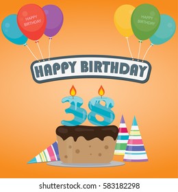 38th Birthday cake and decoration background in flat design with balloons and candles