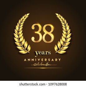 38th gold anniversary celebration logo with golden color and laurel wreath vector design.