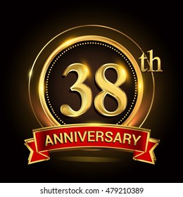 38th golden anniversary logo with ring and ribbon. Vector design template elements for your birthday celebration.
