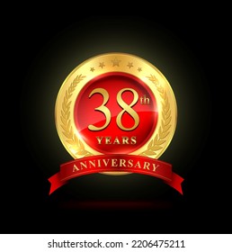 38th golden anniversary template design, with shiny ring and red ribbon, laurel wreath isolated on black background, logo vector