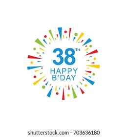 38th Happy Birthday logo, circle shape, colorful sunburst, red blue green yellow color